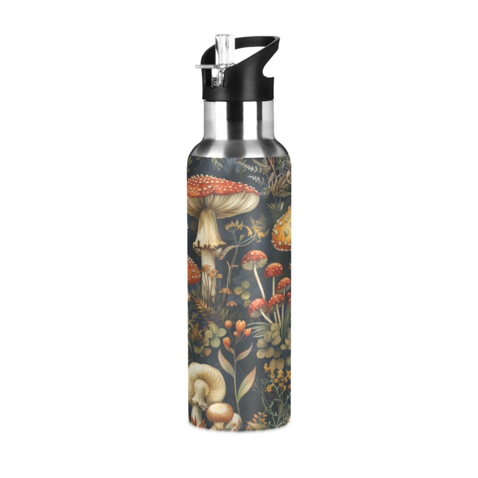 Cgiub Mushroom Flower Insulated Water Bottles with Straw Lid, BPA Free, 22 oz Leak Proof Stainless Steel Sports Water Bottle Vacuum Double Wall Bottles for Gym Cycling Travel Camping