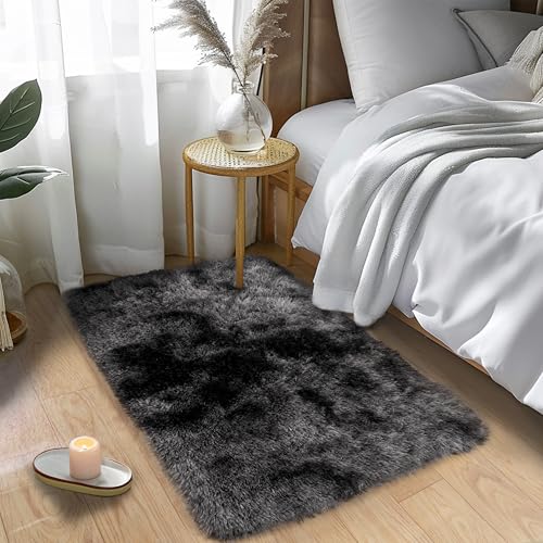 KING DARE Small Area Rugs for Bedroom, 2x3 Throw Rug for Dorm, Shaggy Plush Fluffy Fuzzy Shag Non-Slip Washable Soft Carpet for Bedside Closet Girls Boys Room Decor, Black and Dark Gray