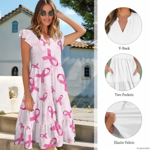 Image of Women's Casual Ruffle Sleeve Dress V Neck Pullover Dress Flowy A-Line Pleated Lightweight Dress with Pockets