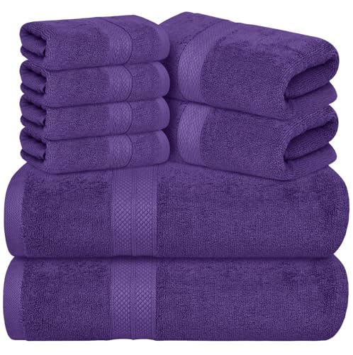 Avalon Towels Luxury 8 Piece Purple Towels Set, 2 Bath Towels, 2 Hand Towels and 4 Washcloths, 600 GSM 100% Ring Spun Cotton Highly Absorbent Purple Bathroom Towels, Ideal for Hotel, Spa and Gym