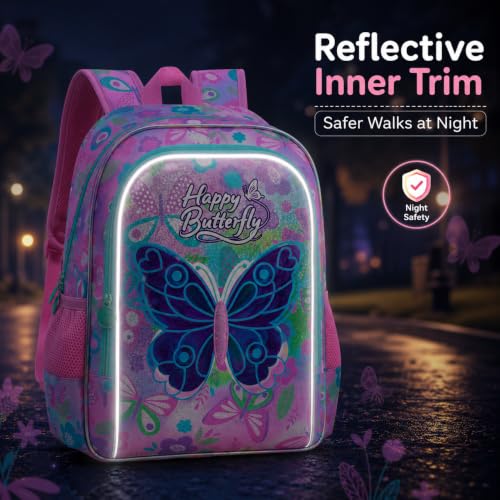 Image of CCJPX 3Pcs Butterfly Backpack, 16 inch Kids Girls Bookbag with Lunch Box, Water Resistant Elementary School Bag for Kindergarten Preschool Toddler (Pink)