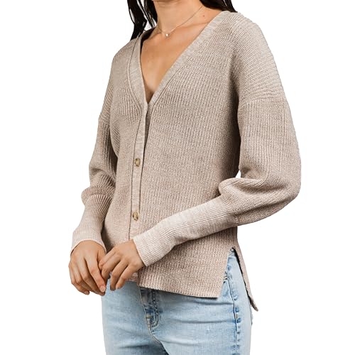 Leite Apparel Women's 100% Cotton Knitted Sweater Madison Marled Puff Sleeve Cardigan in Oatmeal (US, Alpha, X-Large, Regular, Regular, Oatmeal)