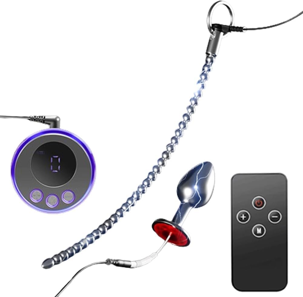 9.6" Extra Long Electric Shock Urethral Sounds & Anal Plug Set, Male Electrical Stimulation Stainless Steel Flexible Beads, E-stim Penis Butt Dilator Cock CBT Torture Sex Toys for Men (5mm)