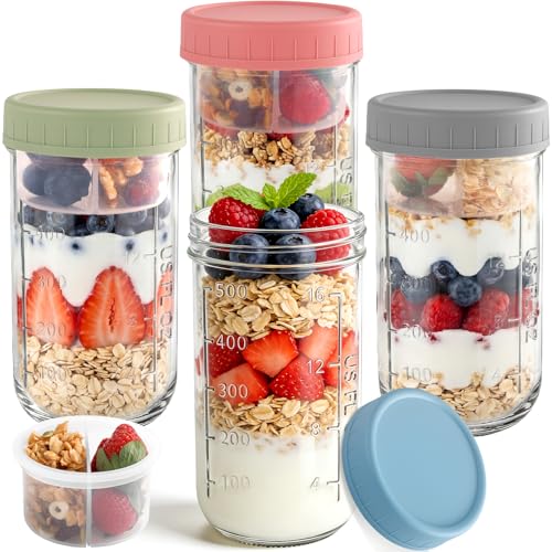 Otauoaea 4 Piezas Overnight Oats Jars 640ml Tarros de Cristal con Tapa Hermética con Capa Separadora, Botes de Cristal para Overnight Oats,Frascos de Vidrio Vasos Cristal para Yogur,Avena,Ensalada
