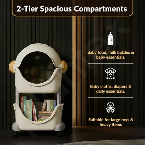 Image of Plantex Toy Rack for Kids Room /Multipurpose Astro Storage Organizer for Baby Clothes Wardrobe /2-Tier ABS Plastic Baby Toy Storage Organiser with Flip Cover-Pack of 1(White & Grey)