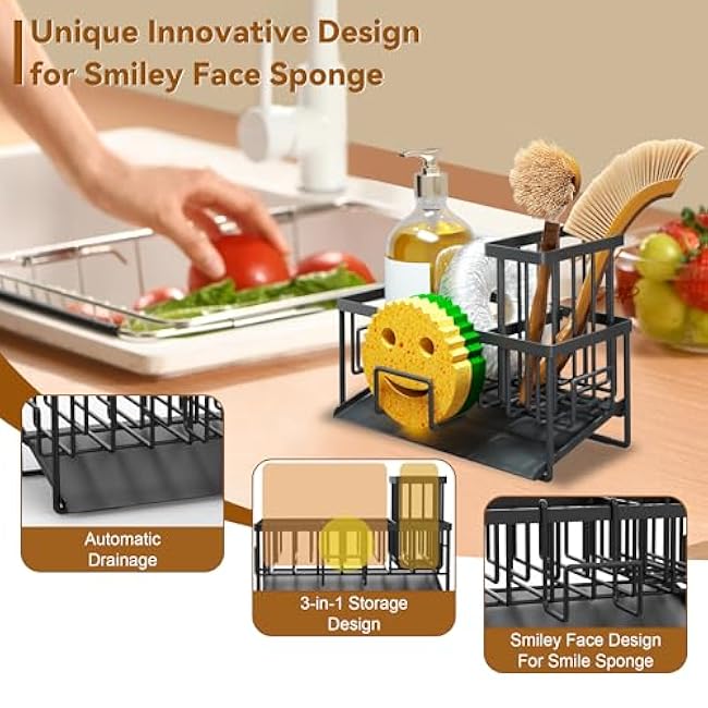 Sink Caddy Organzier, Sponge Holder for Kitchen Sink with Brush Holder and Self Drain Tray, Dish Soap Dispenser Caddy for Home Kitchen Organizers and Storage Decor Essentials Accessories