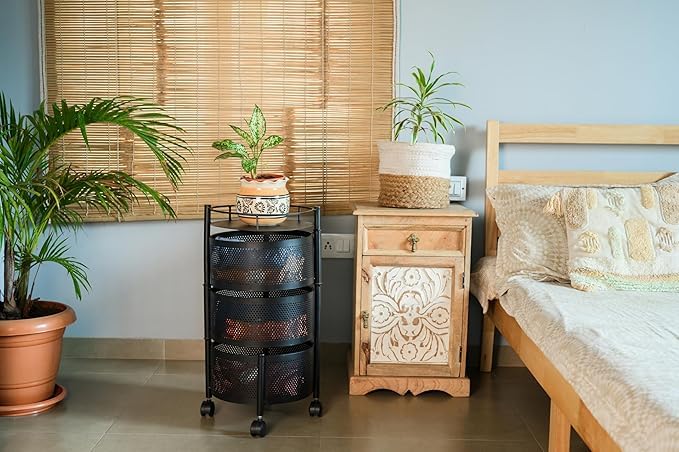 Image of KITCHIVO Kitchen Storage Rack | Revolving Vegetable Rack | Square Multipurpose Storage Trolley with Wheels | Metal Fruit Rack (Black Round, 3 Layer)