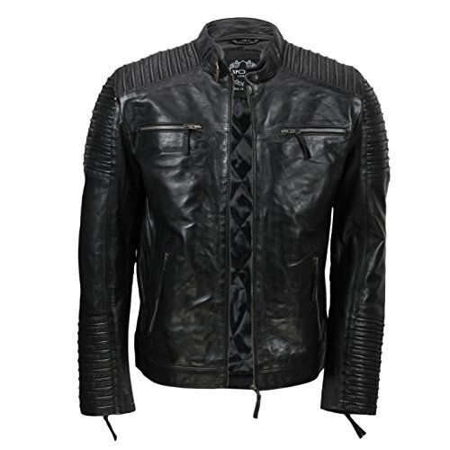 Veste de Motard en Cuir véritable pour Homme Style Moto Vintage Marron Vieilli, Marron Clair, Noir - Noir - XXXX-Larg Cover