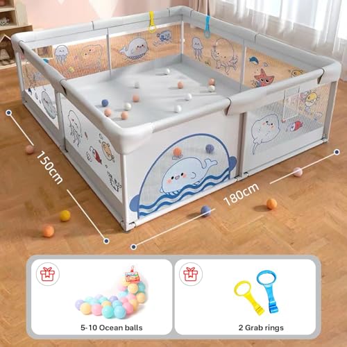 Image of 150x180 cm Playard with Ocean Balls and Anti-Fall Grasp Rings, Large Playpen for Baby up to 5 Years with Safety Lock (NO Mat /Cushion, Non-Foldable) - Grey