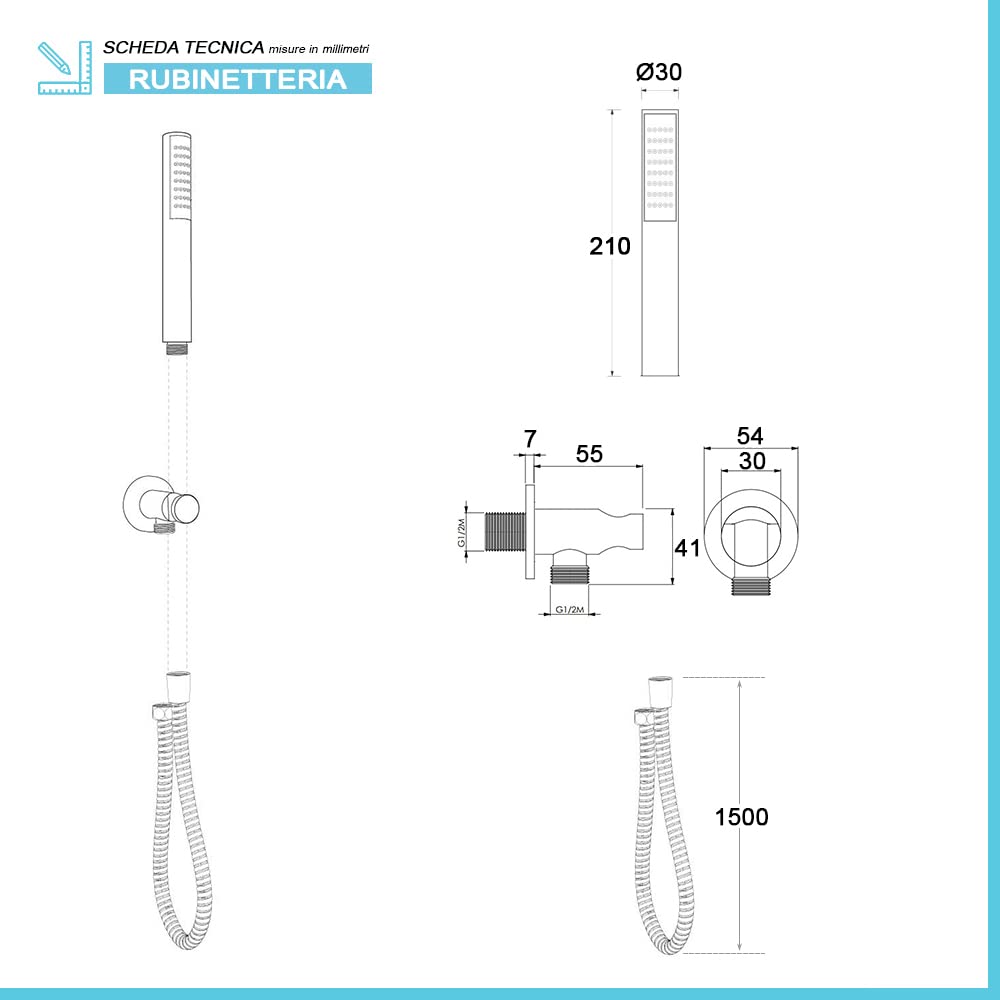 Set doccia completo nero opaco in acciaio inox, braccio 33 cm e soffione 25 cm, kit doccia con presa acqua, doccino e flessibile 150 cm