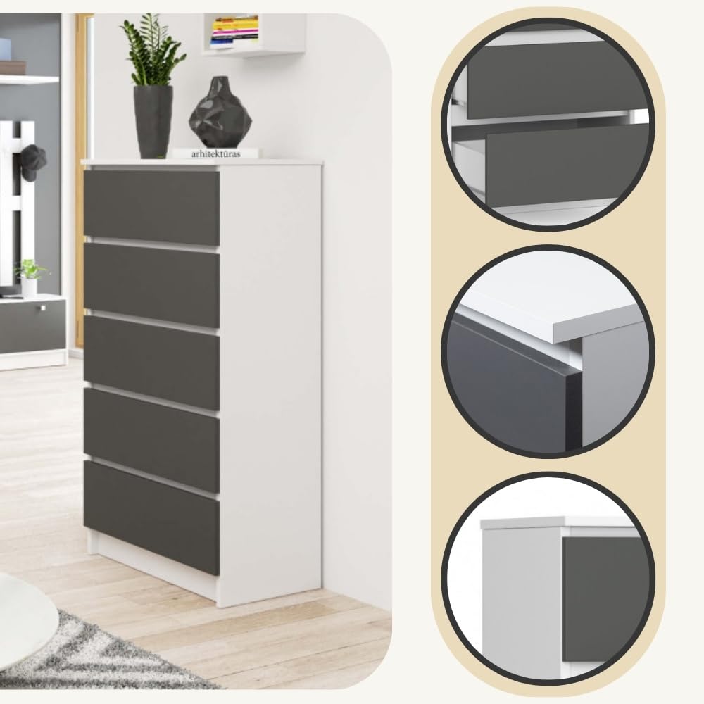 AKORD Cassettiera K60 con 5 Cassetti | Credenza Alta | Moderna Mobiletto per Soggiorno Sala da Pranzo Camera da Letto Corridoio Bagno | Armadio Cameretta | 60x121x40 cm, 39kg | Bianco/Grigio grafite