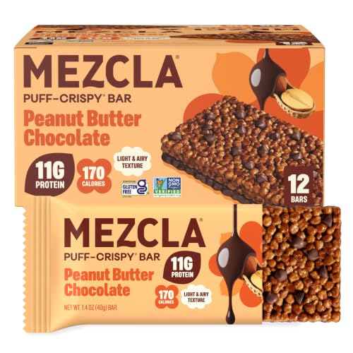 Mezcla Puff-Crispy Plant Based Protein Bars - Peanut Butter Chocolate - Healthy Snacks for Adults & Kids - Perfect School Travel & Office Snacks - Gluten Free Vegan Non GMO 10g Protein - 12 Count