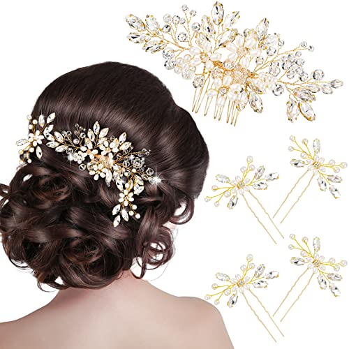 5 Pieces Pearl Wedding Hair Side Comb Crystal Bride Wedding Hair Comb U-shaped Bride Wedding Hair Pins Rhinestone Hair Accessories Pearl Flower Hair Comb for Women and Girls (Gold) 5 Pieces Pearl Wedding Hair Side Comb Crystal Bride Wedding Hair Comb U-shaped Bride Wedding Hair Pins Rhinestone Hair Accessories Pearl Flower Hair Comb for Women and Girls (Gold)