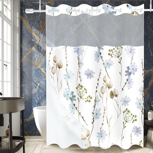 No Hooks Shower Curtain and Liner Set With Snap-in Fabric, Watercolor Floral Cloth for Bathroom, Waterproof & Washable (Blue Plant, 71W X 74H Inches)