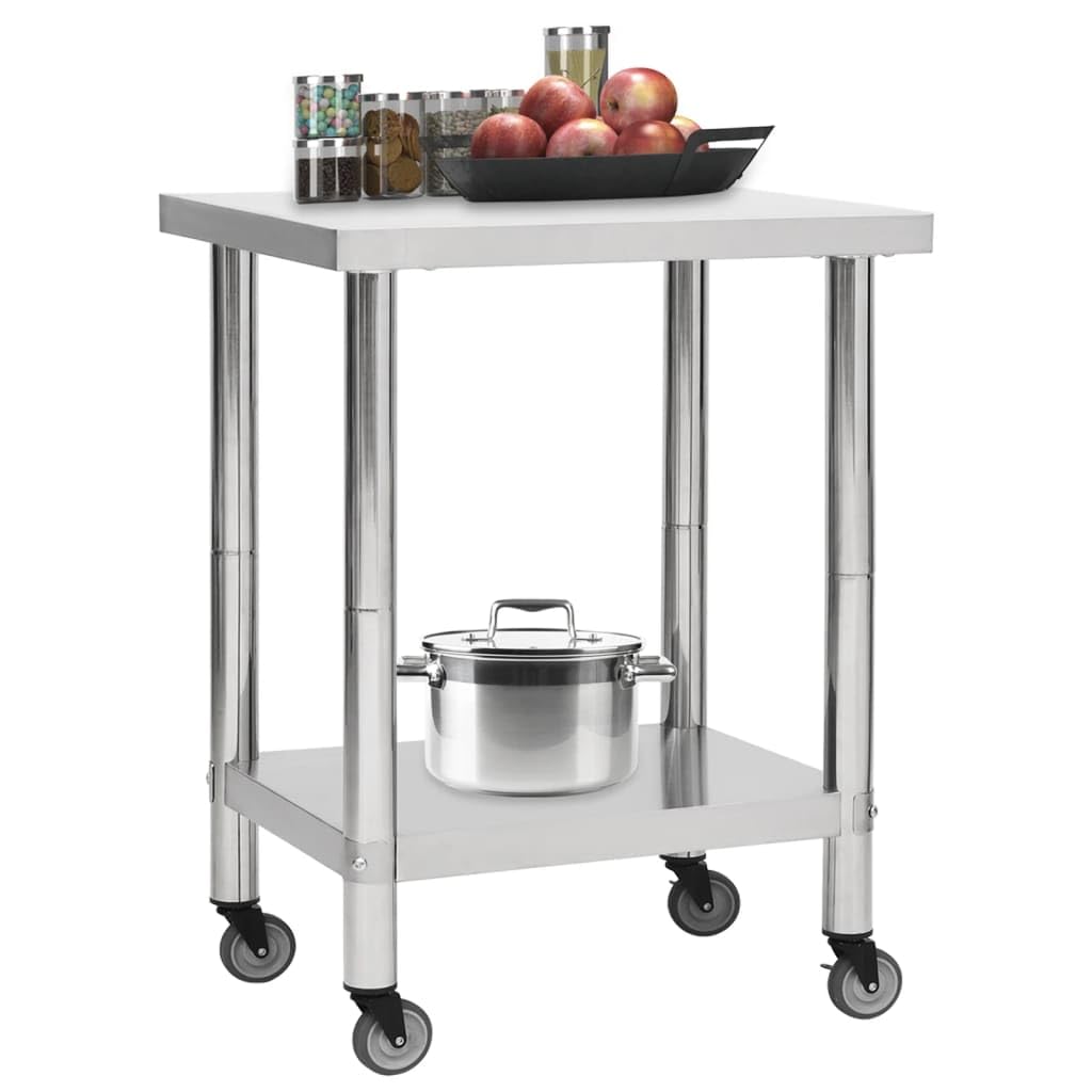 Tavolo da lavoro in acciaio inox, 80 x 30 x 85 cm, con ruote, per cucina, gastronomia, ristorante