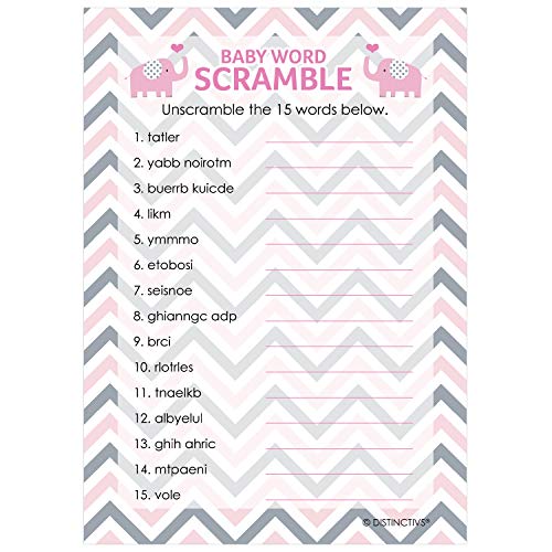 Pink and Gray Elephant Baby Shower Word Scramble Game - 20 Cards