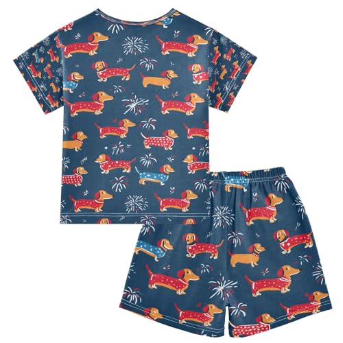 senya Dachshund Dogs Firework Summer Pajamas Set Short Cotton Sleepwear 2 Piece2