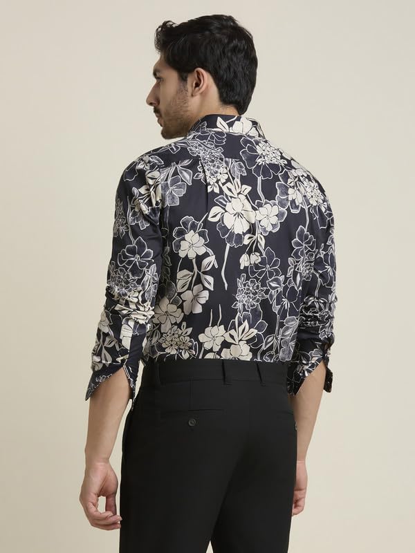 Image of MARK & ALBERT Men's Printed Full Sleeves Regular Fit Shirt Blue | 100% Cotton Stretchable Fabric