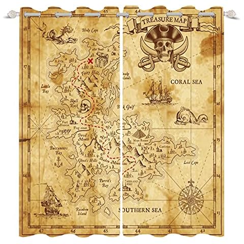 YONGFOTO 132x214cm Navigation Map Blackout Curtains Old Antique Pirate Treasure Retro Map Skull Island Sea Adventure Theme for Living Room Bedroom Window Drapes, 2 Panel Set With Holes Cover