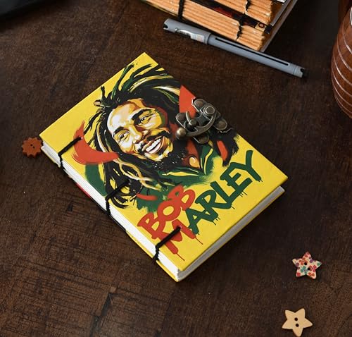 Image of Handmade Bob Marley Journal with Lock (5x7 Inches) | Recycled Paper Diary | Eco-Friendly Reggae Music Fan Notebook