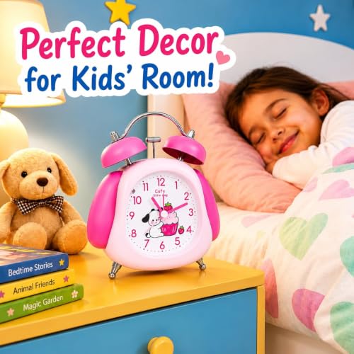 Image of HOME SKILL Alarm Clock for Kids Girls, Cute Pink Analog Alarm Clock for Bedroom, Twin Bell Desk Clock, Silent Non-Ticking Quartz Table Clock for Children, Teens & Adults (Pink Panda)