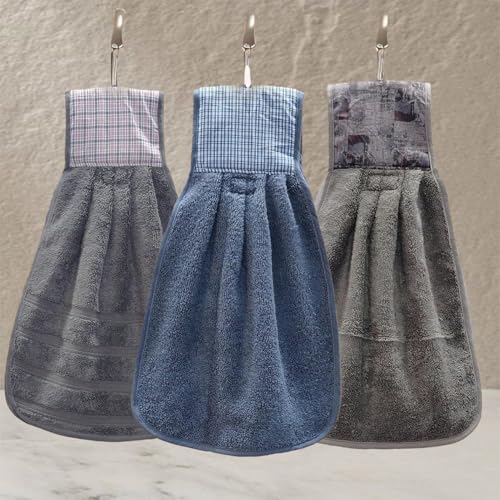 Image of Hand Towel with Loop | 600 GSM | Hanging Napkin for Wash Basin, Kitchen Sink, Bathroom| Pack of 3 in (Grey, Blue and Tan) | Assorted