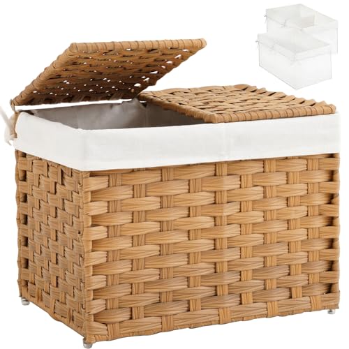 SETVSON Storage Basket with Lid Woven Wicker Baskets with 2 Separate Lid 9.2 Gallon (35 L) Wicker Storage Bins with Handles Foldable and 2 Removable Liner Bags for Bedroom Laundry Room Natural