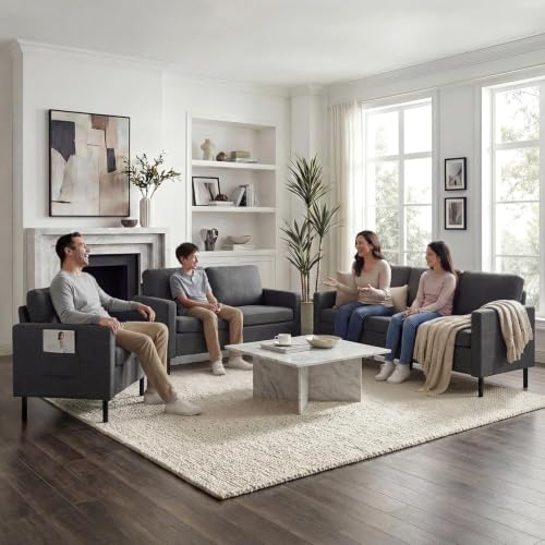 Image of STHOUYN Modern 3-Piece Living Room Set, 72 inch Grey 3 Seater Couch and 56 inch Loveseat with USB Ports, Small Couch and Chair Set for Small Space, Apartment, Office (Grey, 1 Chair + 1 Loveseat + 1 Couch)