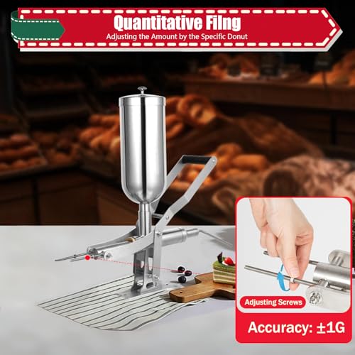 5.28QT /5L Donut Machine, Churro Jam Filling Machine, 304 Stainless Steel 248°F Brushing Mirror Treatment Surface Latin Fruit Manual Donut Filler W/4 Anti-Drip Filling Nozzles For Bakeries