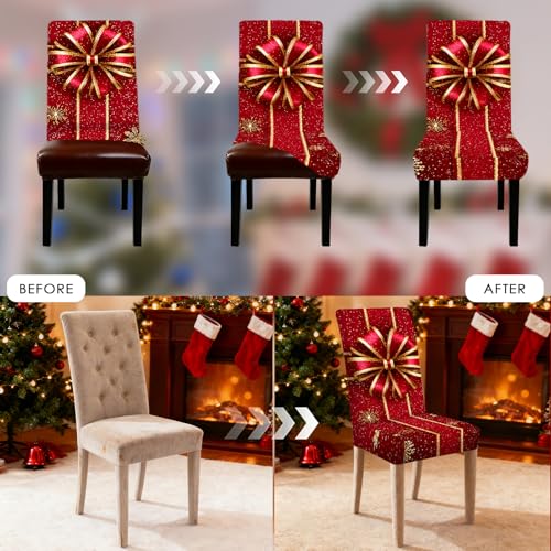 Image of Nuxovilar 2PCS Red Gold Bow Elegant Stretch Chair Covers 23.6x70in