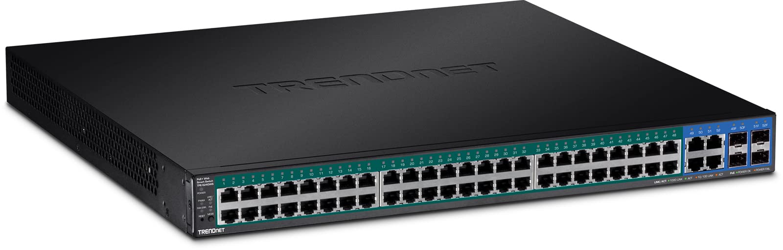 TRENDnet 52-Port Gigabit Web Smart PoE+ Switch, 48 Gigabit PoE+ Ports, 4 Shared Gigabit Ports (RJ-45 Or SFP), 370W PoE Power Budget, 104Gbps Switching Capacity, Lifetime Protection, Black, TPE-5240WS