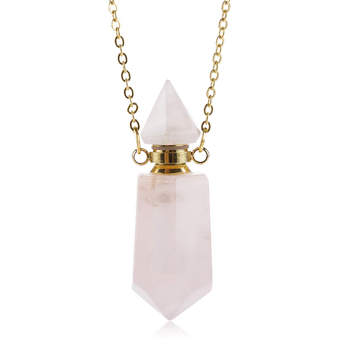 RIAH FASHION Gemstone Crystal Perfume Bottle Diffuser Necklace - Aromatherapy Essential Oil Travel Locket Pendant Charm Fragrance Carrier Flask Chain (Quartz Bottle - Spike Pink)
