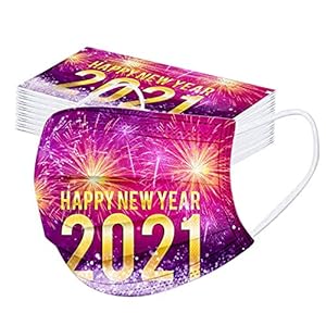 BEUU 30PCS 2021 Happy New Year Adults Disposable Face Macks Print Face Covering Cloth Face Protection for Women and Men, Fashion Breathable Industrial Earloop Face Fabric for Outdoor Sports