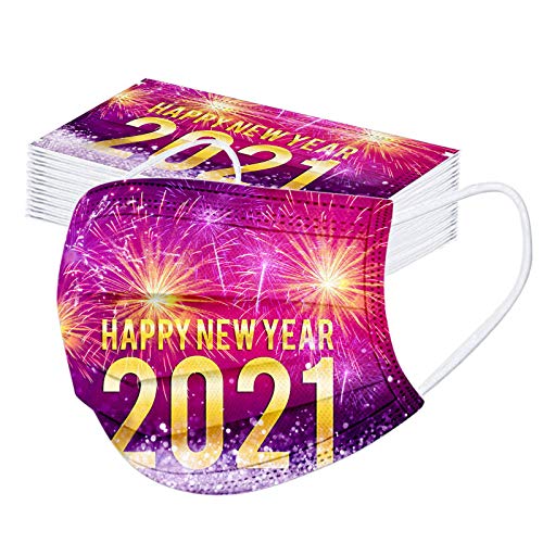 BEUU 30PCS 2021 Happy New Year Adults Disposable Face Macks Print Face Covering Cloth Face Protection for Women and Men, Fashion Breathable Industrial Earloop Face Fabric for Outdoor Sports