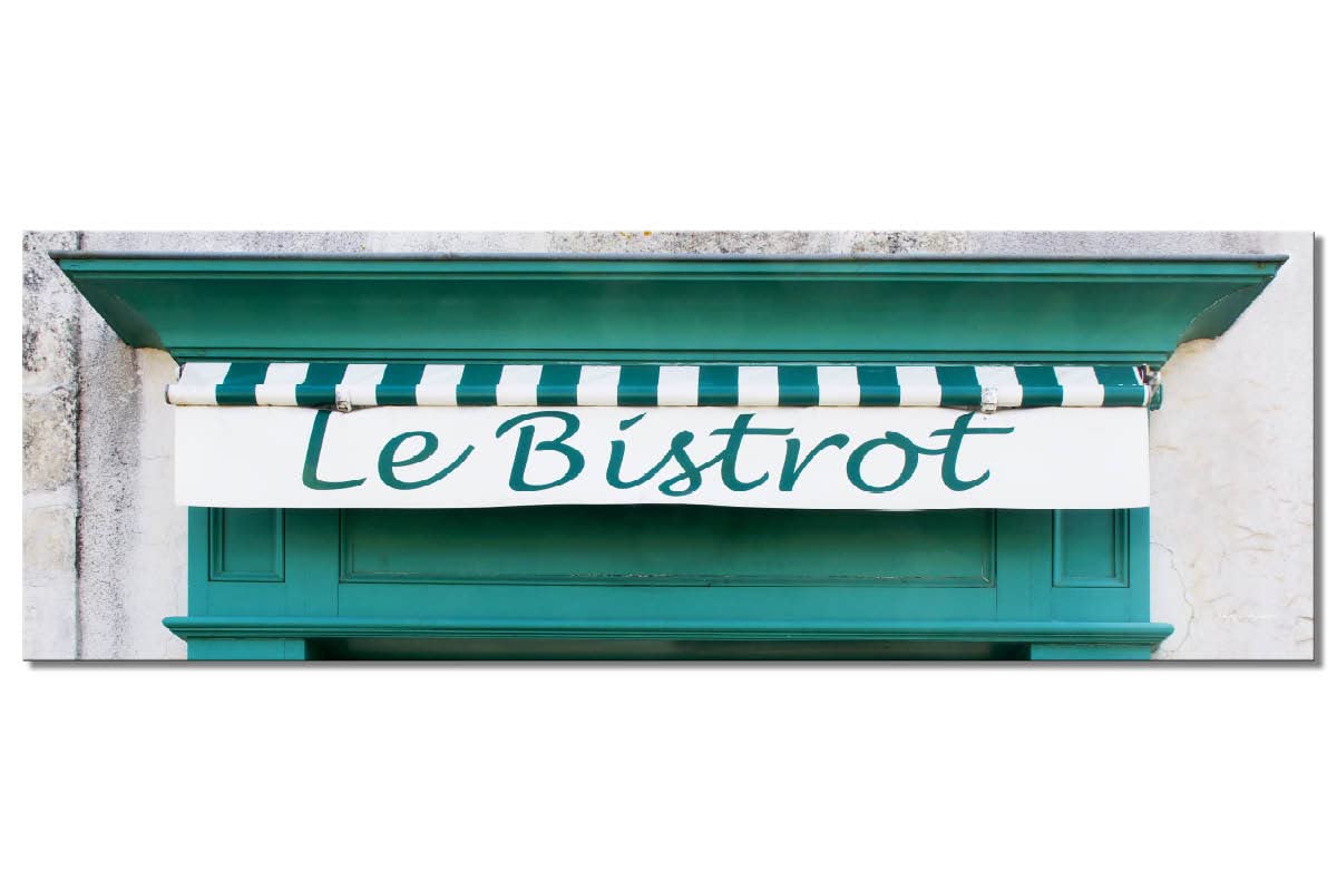 Glücksvilla - Bistrot grün (Leinwand-Bild 2 cm, 90 x 30 cm) | div. Maße - aus DE - Kunstdruck XXL Deko Wandbild quer - Bistro Restaurant Bar Frankreich Paris