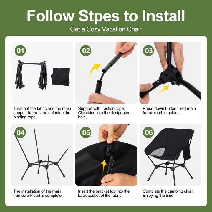 Camping Chair Portable Lightweight Camping Chairs for Adults Foldable 600D Oxford Ultralight Backpacking Chair with Breathable Mesh and Pocket for Outdoor Travel Hiking, Black - Image 7