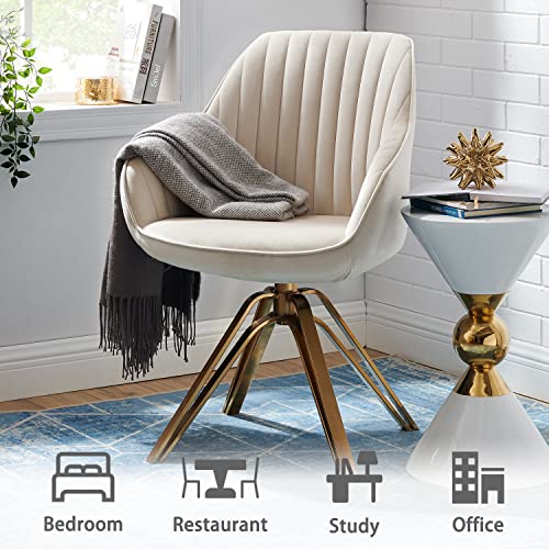 Volans Mid Century Modern Desk Chair No Wheels, Upholstered Swivel Accent Chair With Hollow Brushed Gold Plated Legs Office Chair For Home Office Bedroom, Beige Off White #TOP4