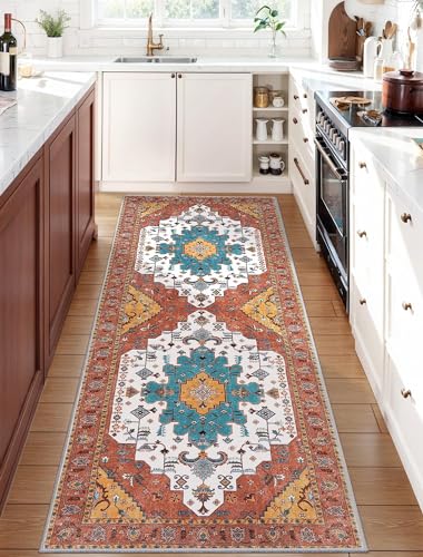 SERISSA Boho Washable Runner Rug, 2x6 Rug Non-Slip Vintage Orange Hallway Kitchen Runner Rug Ultra Soft Print Distressed Floor Carpet for Bedroom Bathroom Laundry Living Room