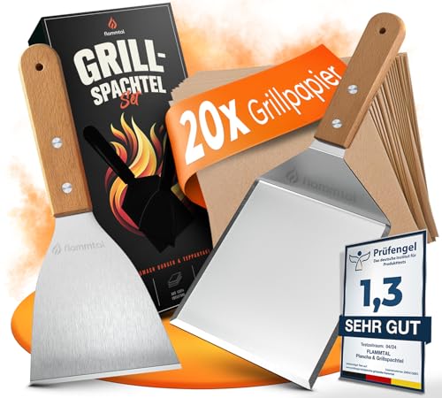 flammtal [Das Original] - Smash Burger Set mit 20x Burgerpapier - Grillspachtel Set aus Edelstahl - Hochwertiger Plancha Spachtel - Grill Spachtel für Teppanyaki - Grill Zubehör - Mit Echtholzgriff