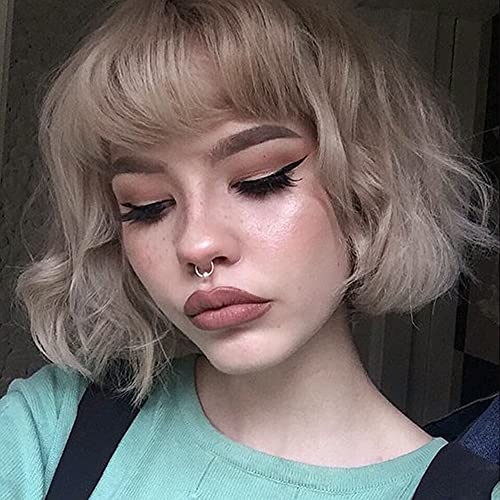 Civrie Ash Blonde Short Wavy Bob Wigs for Black Women, Synthetic Ombre Grey Wig with Bangs Heat Resistant Natural Looking Cosplay Wig for Women