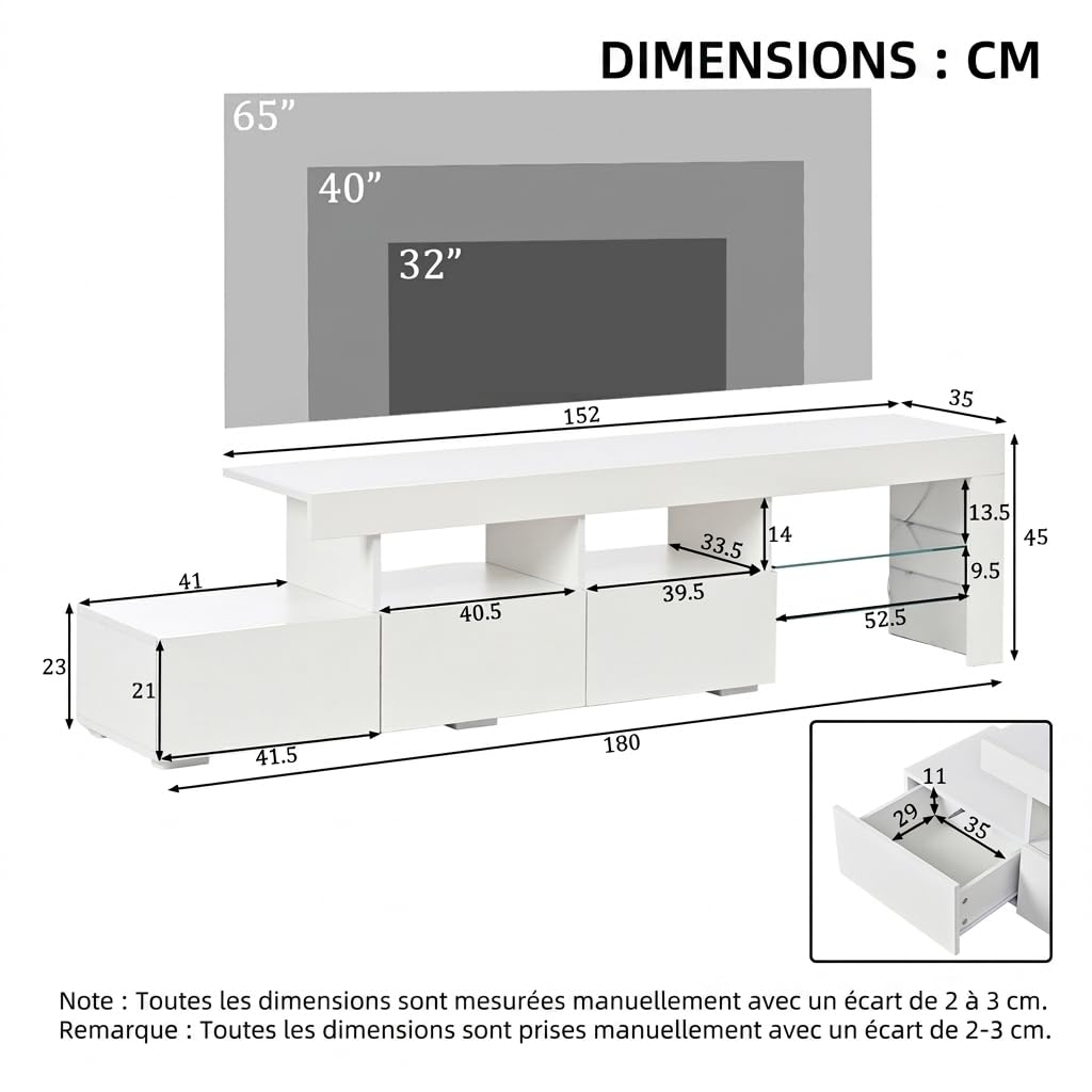 Meuble TV LED 180 cm, Meuble Tele avec Rangement, Meuble TV LED Haute Brillance, pour TV jusqu'à 75 Pouces, Blanc, 180 x 35 x 45 cm