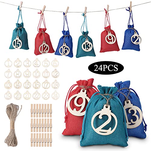 LinTimes 24 Jutesäckchen Adventskalender zum Befüllen (10 X 14 CM), Stoffbeutel Adventskalender 2022 für Männer Frauen Kinder mit 1-24 Zahlen Holzanhänger DIY Weihnachten Geschenksäckchen (3 Farben) Cover