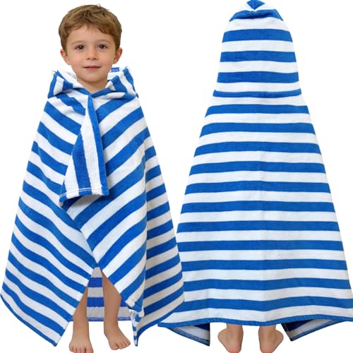 VOOVA & MOVAS Toddler Hooded Bath Towels 0-3T 25X40 Soft | Thick | 100% Cotton | Absorbent Towel Wrap for Baby Perfect for Beach Pool Bath Swimming Blue Stripe