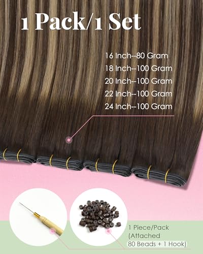 Image of YoungSee 22 Inch Butterfly Weft Hair Extensions Balayage, 100g Long Straight Human Hair Butterfly Weft Extensions, Dark Brown Mix Light Blonde Balayage, Soft Remy Hair PU Hole Wefts Add Hair Length