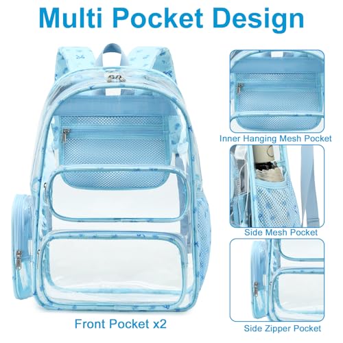 Image of BTOOP Clear Backpack Heavy Duty Transparent Backpack 17 inch See Through Bookbag for College Work Festival Security Padded Strap (blue bow floral)