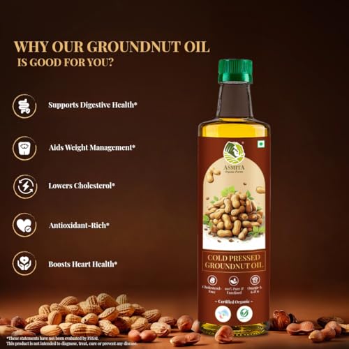 Image of Asmita Organic Farms Cold Pressed Groundnut Oil, Kacchi Ghani, 1L | 100% Pure & Unrefined | Rich Aroma & Flavor | Organic Certified Peanut Oil | Heart-Healthy, Chemical-Free Cooking Oil