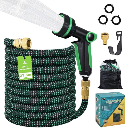 FLOWCASA Manguera de jardín autorretráctil de 37,5 m, pistola de pulverización XXL (24 cm/10 patrones), conectores duales, TPE 2500D, color negro y verde