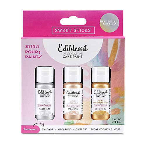 Image of Sweet Sticks Edible Art Decorative Cake Paint 0.5 Ounce (15 Milliliters), 3-Metallic-Color Set