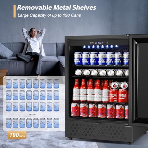Image of Tylza Beverage Refrigerator 24 Inch, Under Counter /Freestanding Drink Fridge, 190 Cans Beverage Cooler with Glass Door, Reversible Door, Low Noise, Quick Cooling - for Beer, Soda, ETC, Black
