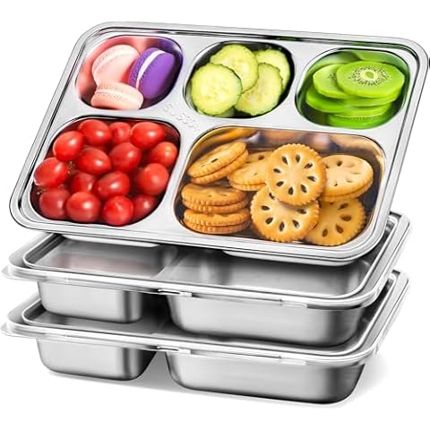 Stainless Steel Snack Containers with Lids - 3 Pack - 5 Compartments Bento Snack Boxes - Reusable Meal Prep Lunch Containers for Kids Adults - Divided Food Storage Containers for School Home Travel Cover